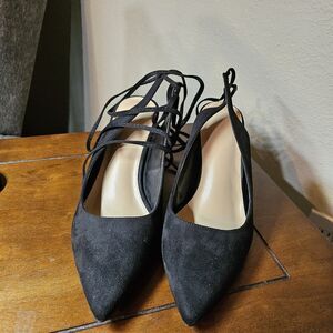 Women's Lace Up Black Suede Pointed Heels Ankle Wrap NIB size 10 unbranded